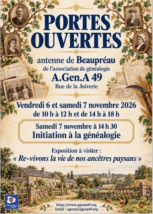 PORTES OUVERTES de l’antenne de Beaupréau de l’association de généalogie A.Gen.A 49 les 6 et 7 novembre 2026